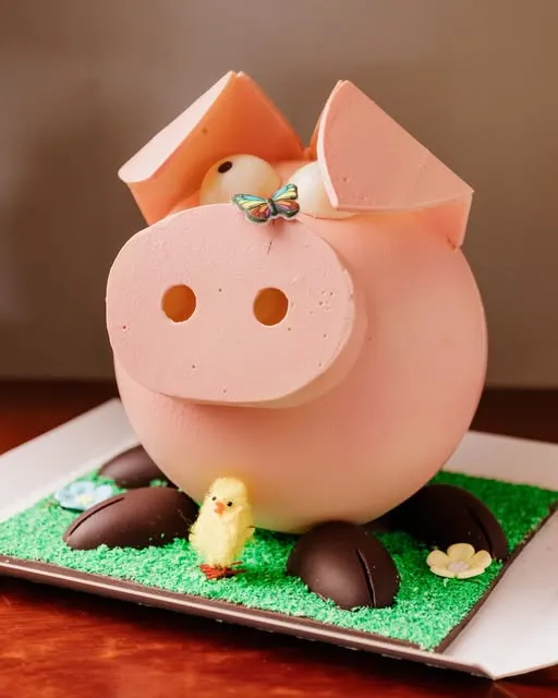 Cerdito de chocolate rosa sobre césped