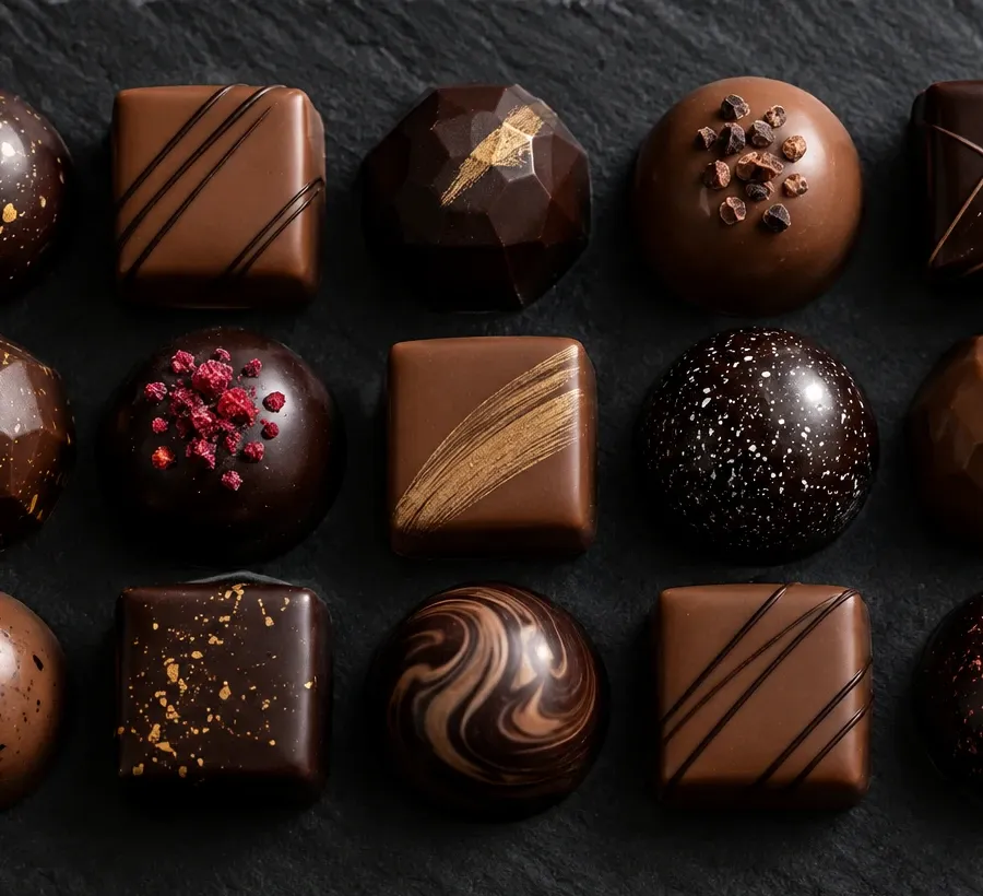 Bombones variados sobre una pizarra