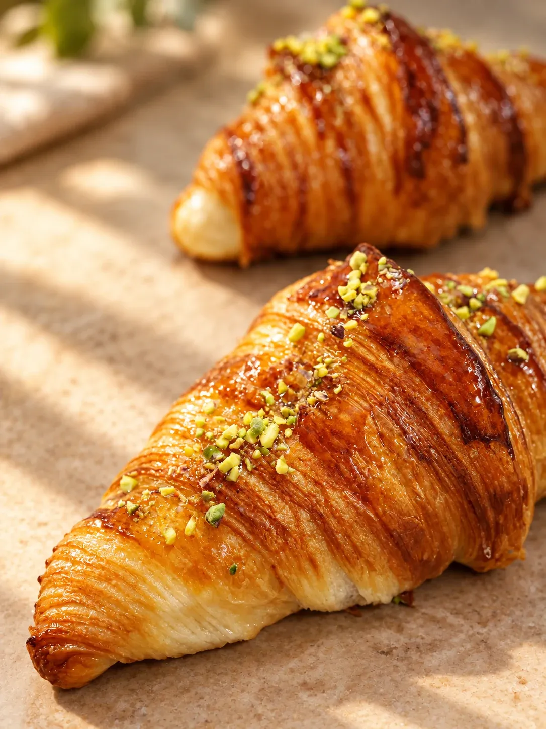Croissants de pistacho recién horneados