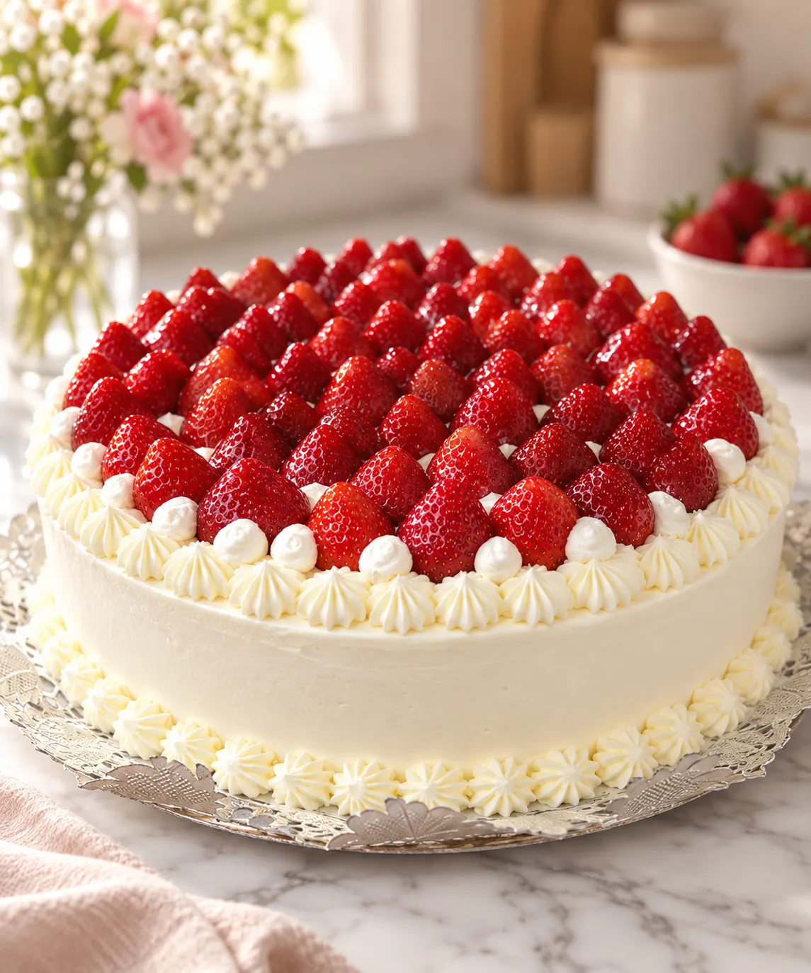 Tarta de nata coronada de fresas, recién salida del obrador